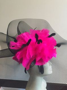 Fuchsia Fascinator- Large Brim- Breeders Cup- Wedding Fascinator- Hot Pink Headpiece- Pink Coque Feather- Cocktail Hat -Costume Party- Derby- Kentucky Derby- Horse Races Hello, Have fun walking into your next party/event wearing this big bright stunning hair accessory. It will definitely be a head turner! This hot pink feather fascinator is about 20 inches round. It has black burn out feathers scattered throughout. It is attached to a skinny adjustable headband that is wrapped in satin and is ve Fitted Pink Fascinator With Feather Trim, Pink Feathered Fascinator For Evening, Pink Feather Trim Fascinator For Wedding, Pink Feather Trim Hat For Evening, Pink Feather Trim Mini Hat For Evening, Pink Evening Hat With Feather Trim, Pink Feathered Headpieces For Evening, Pink Mini Hat With Feather Trim For Evening, Pink Feathered Evening Hat