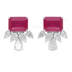 Synthetic Ruby Gemstone H/SI Diamond Stud Earrings 18k White Solid Gold 7.74 Tcw Multi-stone White Gold Earrings For Formal Occasions, Formal Multi-stone Cubic Zirconia Earrings, Diamond Earrings Stud, Ruby Diamond Earrings, July Birthstone Jewelry, Ruby Earrings, White Solid, White Gold Earrings, Diamond Stud Earrings