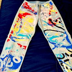 Multicolored Pained Jeans From New York & Company. Never Worn!!! Stand Out In The Crowd. Multicolor Graphic Print Denim Bottoms, Blue Casual Bottoms With Graffiti Print, Casual Blue Bottoms With Graffiti Print, Painted Jeans, Jeans Women, Paint Designs, A New Day, Multi Colored, New Day