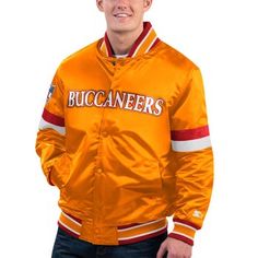 Take a stylish approach to game day with this full-snap Starter Gridiron Classics Home Game jacket. A satin finish helps bring the classic varsity design with bold Tampa Bay Buccaneers details and vintage graphics to life. A cozy midweight construction provides optimal warmth and comfort. Officially licensed Full Snap Machine wash, tumble dry low Long sleeve Satin finish Material: 100% Polyester Midweight jacket suitable for moderate temperatures Imported Embroidered fabric applique Rib-knit col Varsity Design, Raymond James Stadium, Winter Neutral, Orange Satin, Fan Style, Fabric Applique, Tampa Bay Buccaneers, Embroidered Fabric, Winter Essentials