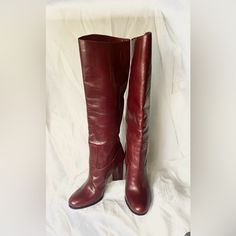 Supple Deep Red Leather Knee High Boots Scream Luxury Slip On Style With Chunky 4 1/4” Heels And Stability In A Designer Package 19” Tall 14 1/2” Calf Made In Italy Excellent Condition With Minimal To No Signs Of Wear On The Body Of The Boots. Minimal Wear On Toe Of Sole. *Know Your Eu Size Before Ordering Red High Heel Boots, Red Knee High Boots, High Heeled Boots, Leather Knee High Boots, Red High, Knee High Leather Boots, Prada Shoes, High Heel Boots, Deep Red