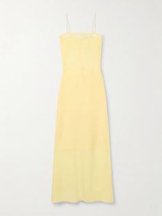 Jacquemus' 'Brezza' gown is alluring and elegant. Designed in a figure-skimming column silhouette, it's made from semi-sheer crepe that's partially lined through the skirt for coverage and has a floor-sweeping hem complete with a back split, so you can move with ease. Underpin yours with a bralette. Fitted Silk Chiffon Sheer Evening Dress, Fitted Sheer Silk Chiffon Evening Dress, Formal Sheer Silk Chiffon Gown, Elegant Fitted Silk Chiffon Maxi Dress, Elegant Silk Maxi Dress With Sheer Bodice, Sheer Silk Maxi Length Gown, Sheer Silk Maxi Gown, Fitted Sheer Silk Gown, Fitted Silk Gown With Sheer Details