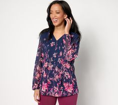 Nothing says spring quite like a pretty floral blouse. This beautiful top is fashioned with a Mandarin collar and a half-button placket. From Coldwater Creek. Spring Floral Print Top With Split Neck, Spring Floral Print Split Neck Top, Feminine Floral Print Top With Split Neck, Pink Floral Print Split Neck Blouse, Feminine Spring Tops With Split Neck, Pink Floral Print Blouse With Split Neck, Feminine Split Neck Tops For Spring, Pink Split Neck Blouse With Floral Print, Black Button Down Shirt