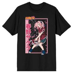 Celebrate your favorite anime characters with this Naruto tee. The shirt features an image of Sakura Haruno wielding a bladed weapon next to vertical ink kani letters. The anime’s logo appears in orange above the image. The tee comes in a black short sleeve crew neck. Fans of the classic Naruto series will love the fun design on this t-shirt. Naruto Shirts, Naruto Clothing, Naruto Sakura, Naruto Series, Shirt Stays, Sleeve Packaging, S Logo, Sakura Haruno, Fun Design