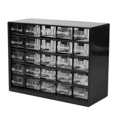 a black cabinet filled with lots of clear plastic containers on top of each other's sides