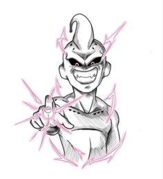 a drawing of an evil man with pink lightnings on his face and hands in front of him