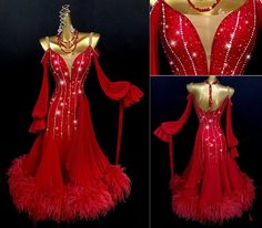 a red dress with gold trim and feathers on display in three different angles, including the neckline