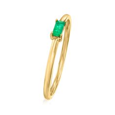 Ross-Simons - .10 Carat Emerald Ring in 14kt Yellow Gold. Size 9. RS Pure. Modern designs that complete your outfit and complement your personality. Yearning for color in your stack? Go with this dainty ring! It features a .10 carat baguette emerald stationed on the center of the simple 14kt yellow gold band. 1/16" wide. Emerald ring. Emerald birthstones are the perfect gift for May birthdays. May Birthdays, Emerald Birthstone, May Birthday, Ring Emerald, Yellow Gold Jewelry, Dainty Ring, Emerald Ring, Gold Band, Free Jewelry