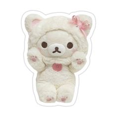 a white teddy bear with a pink bow on it's head and hands in the air