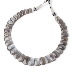 Platinum Gray Moonstone faceted fancy shape collar beads exhibit a vertical presentation, beads have double holes drilled with a flat reverse side, show a medium dark to light saturation of a brownish gray hue with schiller, well matched quality for these translucent gemstones, and the tasseled strand has great make in a unique fancy shape! Side Show, Dark To Light, Platinum Grey, Light In The Dark, Moonstone, Platinum, Presentation, Gemstones, Beads