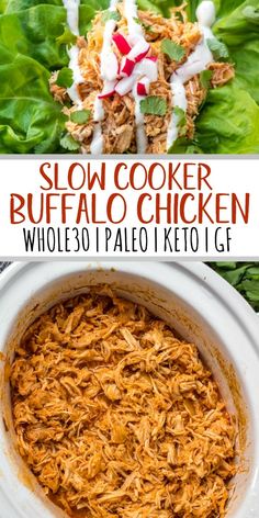 slow cooker buffalo chicken in a white casserole dish with lettuce