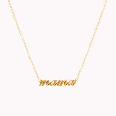 Photo of a gold necklace on a white background. Necklace reads mama in gold lowercase script. Chain is linked to either side of the word at the top-most point and the chain is leading upwards off the page in a v shape. Everyday Yellow Gold Custom Name Necklace, Yellow Gold Custom Name Necklace For Everyday, Customizable Everyday Name Necklace For Mother's Day, Customizable Name Necklace For Mother's Day Everyday, Name Necklace With Adjustable Chain As Gift For Mom, Everyday 14k Gold Necklace For Mother's Day, Custom Name Necklaces For Everyday & Mother's Day, Custom Name Charm Necklaces For Mother's Day, Custom Name Necklaces For Mother's Day