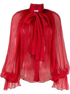 Silk Party Blouse With Pleated Sleeves, Silk Blouse With Pleated Sleeves For Party, Silk Chiffon Long Sleeve Party Tops, Long Sleeve Silk Chiffon Tops For Party, Elegant Red Top With Blouson Sleeves, Chifon Dress, Couture Outfits, Red Blouse, Pleated Blouse