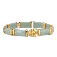 ONE-OF-A-KIND GLAMOUR Nine lustrous jade links that envelop the wrist with luxury.Glistening 14kt gold-plated details add the perfect warm accent to the cool jade.An intricately crafted clasp featuring the ancient Chinese character for “Good Luck, Good Fortune.”Resting on the pulse, the bracelet’s meaning is strengthened and united to the spirit of the wearer.Connect to and embody grace, wisdom, prosperity and more. Elegant Yellow Gold Jade Bracelets, Elegant Yellow Gold Jade Bracelet, Classic Jade Bracelets For Formal Occasions, Formal Yellow Gold Jade Bracelets, Formal Yellow Gold Jade Bracelet, Classic Gold Jade Jewelry, Luxury Jade Bracelets For Formal Occasions, Gold Jade Bangle Bracelet, Elegant Gold Jade Bracelets