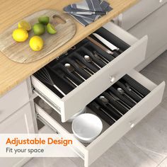 an open drawer with utensils and spoons in it next to a cutting board