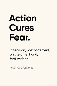 an advertisement with the words action cares fear in black and white, on a white background