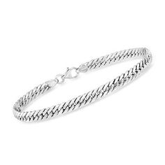 Ross-Simons - Italian 14kt White Gold Cuban-Link Bracelet. 7". On this bracelet, flat Cuban links tightly interlock to create a delicate, woven look in brightly polished 14kt white gold. Made in Italy. Lobster clasp, 14kt white gold Cuban-link bracelet. Classic White Gold Cuban Link Bracelet With Box Chain, Classic Sterling Silver Curb Chain Bracelet, Formal Sterling Silver Link Bracelet With Curb Chain, Elegant Sterling Silver Bracelets With Curb Chain, Formal Sterling Silver Curb Chain Bracelet, White Gold Sterling Silver Curb Chain Bracelet, Elegant Sterling Silver Bracelet With Curb Chain, Formal White Gold Curb Chain Bracelet, Sterling Silver Curb Chain Bracelet For Formal Occasions