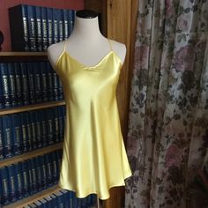 "Sunrise" Chemise In Buttercup Yellow Charmeuse Fabric Very Silky And Light, Perfect For Sleep Or Play L1014 Also Available In Electric Blue L1015 (See Listing) Summer V-neck Chemise With Built-in Bra, Summer Chemise With Built-in Bra Camisole, Summer Chemise With Built-in Bra, Beach V-neck Satin Slip Dress, Fitted Satin Nightgown For Summer, Solid Color Summer Night Camisole, Summer Chemise With Built-in Bra For Bedtime, Fitted Satin Sleepwear For Summer, Solid Color Summer Sleepwear With Built-in Bra