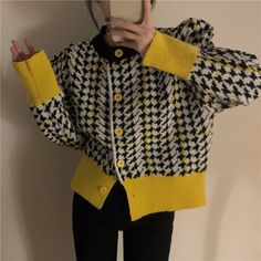 This is perfect for those who are looking for a clothing for a good price. It is fashionable, stylish, and it will look great on anyone who wears it. Do you wanahavit? Yellow Winter Sweater For Workwear, Yellow Winter Sweater For Work, Winter Houndstooth Long Sleeve Cardigan, Winter Long Sleeve Houndstooth Cardigan, Long Sleeve Houndstooth Cardigan For Winter, Long Sleeve Houndstooth Pattern Winter Cardigan, Yellow Sweater With Button Closure For Winter, Warm Cardigan, Vintage Office