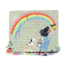 a drawing of a girl holding a paintbrush in front of a brick wall with a rainbow painted on it