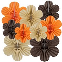 six paper fans with different colors on them