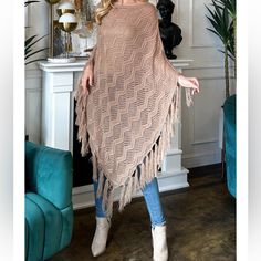 This Knitted Net Wave Pattern Fringe Tassel Poncho Is Perfect For Making An Ultra-Chic Statement! This Eye-Catching Poncho Features A Timeless Knitted Net Pattern, Subtle Fringe Edges, And Playful Tassel Detail. Enjoy All-Day Comfort And Style With This Luxurious Piece! Material/S: 100%Acrylic Preppy - Business Shacket Professional - Turtleneck Sherpa Workplace Wear - Fall - Winter - Spring - Flowy Summer - 90s - Sweater Top Dress Pants - Blazer - Blouse - Holiday Party - Christmas Dress - Thank One Size Knit Poncho With Fringe, Winter Open Knit Poncho, Beige Crochet Poncho For Fall, Fall Crochet Beige Poncho, Open Knit Poncho, Subtle Fringe, Office Sweater, Boho Plaid, Net Pattern