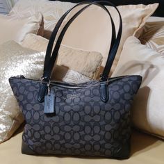 Excellent Used Condition Zip Top Tote In Signature Jacquard Black Smoke/Black Canvas With Silver Hardware Leather Straps And Bag Charm Coach Style # F29958 Approximately 10x14x4 Black Coach Bag, Bags Black, Coach Bag, Black Canvas, Medium Bags, Zip Top, Silver Hardware, Coach Bags, Leather Straps