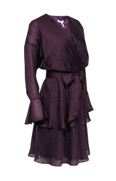 Current Boutique-Joie - Plum Purple & Black Houndstooth Print Ruffled Dress Sz S Purple Formal Dress For Fall, Chic Mauve Dress For Date Night, Purple Evening Dress For Fall, Chic Purple Long Sleeve Midi Dress, Chic Purple Belted Dress, Chic Purple Dress For Workwear, Chic Purple Dress For Work, Elegant Purple Midi Dress With Ruffles, Purple Dresses For Workwear In Fall