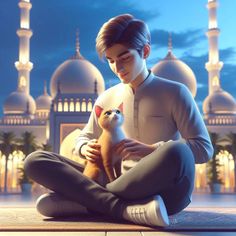 a man sitting on the ground holding a cat in front of a building with domes