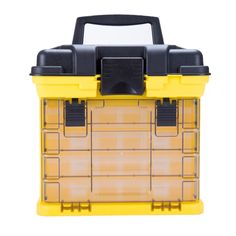 a yellow and black plastic box with two compartments on the front, one is empty