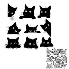 black cats with different facial expressions are shown in this graphic art workbook, which includes the silhouettes of various cat heads