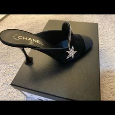 Brand New!!!! Chanel Mules, Size 39 Fits Size 8. All Chanel Shoes Run A Size Smaller. Never Worn, Comes With Box And Dust Bag. Silver Slip-on Evening Heels, Luxury Slip-on Heels For Evening, Designer Slip-on Heels For Evening, Disco Shoes, Chanel Mules, Chanel Pumps, Chanel Heels, Lucite Heels, Chanel Camellia