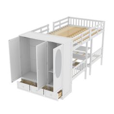 a white bunk bed with drawers underneath it