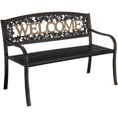 a metal bench with the word welcome on it's back and side panels, sitting in front of a white background