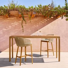 an outdoor table with two chairs next to it and some plants growing on the wall