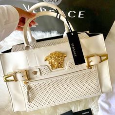 Beautiful Versace Gold And Off White Medusa Studded Bag New With Tag Cards Dust Bag Included , Shopping Bag Included 2015 Versace Fall Winter High-end White Bags With Detachable Handle, White Luxury Everyday Bags With Handles, White Luxury Everyday Bag With Handles, White Everyday Luxury Bags With Handles, White Everyday Luxury Bag With Handles, High-end White Shoulder Bag For Shopping, High-end White Shoulder Bag With Gold-tone Hardware, High-end White Shoulder Bag With Detachable Handle, White Luxury Rectangular Shoulder Bag