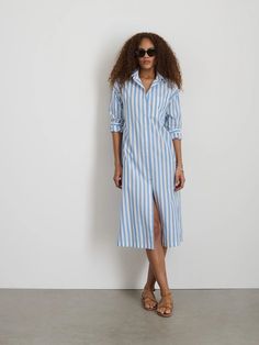 Jules Dress In Stripe – Alex Mill Classic Shirt Dress With Rolled Sleeves For Daywear, Fall Daywear Shirt Dress With Cuffed Sleeves, Summer Collared Midi Dress With Button Cuffs, Collared Midi Dress With Button Cuffs For Summer, Spring Business Casual Shirt Dress With Spread Collar, Summer Relaxed Fit Shirt Dress With Button Cuffs, Classic Collared Shirt Dress For Day Out, Classic Shirt Dress With Spread Collar For Day Out, Casual Shirt Dress With Relaxed Fit For Office