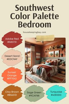 an advertisement for a bed room with different colors on it and the words southwest color palette bedroom