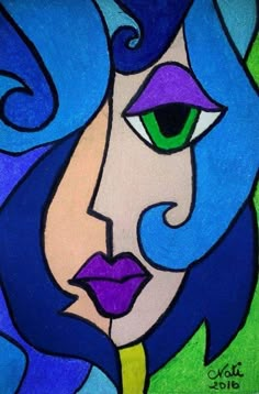 a painting of a woman's face with blue hair and green eyes