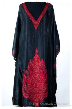 Française Amoureuse de Andrée Noir Silk Robe — Seasons by The Kashmir Company Elegant Embroidered Silk Kimono, Long Silk Embroidered Kaftan, Embroidered Silk Kaftan With Kimono Sleeves, Silk Embroidered Kaftan With Kimono Sleeves, Bohemian Silk Kaftan With Intricate Embroidery, Silk Embroidered Evening Kaftan, Traditional Silk Evening Kaftan, Traditional Silk Kaftan For Evening, Embroidered Bohemian Kaftan For Evening