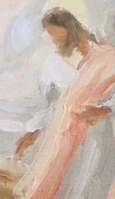 an abstract painting of a woman in pink and white dress with her hands on her hips