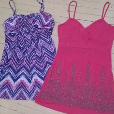 Two Silky Embellished Babydoll Cami Tops. French Atmosphere Pink Silky Cami Top With Grey Glass Beading. Size Xs/S & No Boundaries White With Blue/Pink Chevron Print Silky Cami Top With Grey Beaded Built-In Bra Top With Adjustable Straps. Size S. Both In Brand New Condition. Pink Sleeveless Sequined Tops, Pink Sequined Sleeveless Tops, Casual Pink Embellished Tops, Pink Sequined Beach Dress, Pink Embellished Tops For Spring, Spring Embellished Pink Tops, Spring Pink Embellished Tops, Shoes List, Babydoll Cami