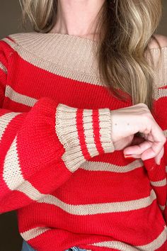 This gorgeous blend of tan and red is not only effortlessly stylish, but also made from comfortable cotton for a cozy lunch date or for a night out. The slightly belled sleeves add a touch of romance to complete your look. Pair this beauty with faded denim for an easy look. Details: Red and tan stripes Wide neckline Medium knit Slightly belled sleeve Fit: True to Size Contents: 100% Cotton Imported Trendy Red Cotton Sweater, Red Trendy Sweater With Relaxed Fit, Trendy Red Sweater With Relaxed Fit, Illa Illa, Nickel And Suede, Hot Sweater, Valentines Day Date, Velvet Heart, Lunch Date