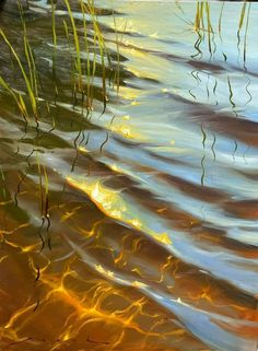 an abstract painting of water and grass reflecting the sun's light on the surface