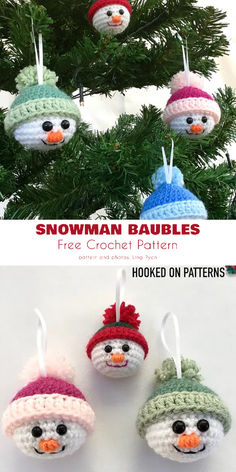 crocheted snowman baubles hanging from a christmas tree with text overlay that says, free crochet pattern hooked on patterns