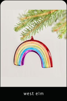 a christmas ornament with a rainbow hanging from it's side on a tree branch