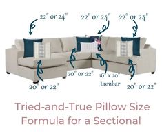 the sectional sofa is shown with measurements for each seat and back side, along with additional pillows