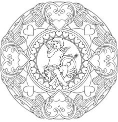 a coloring page for valentine's day with cupid angel and hearts in the center