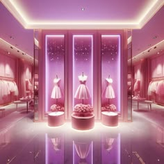 a pink room with three mannequins and dresses