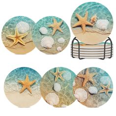 starfish and seashells are on the beach coasters, set of four